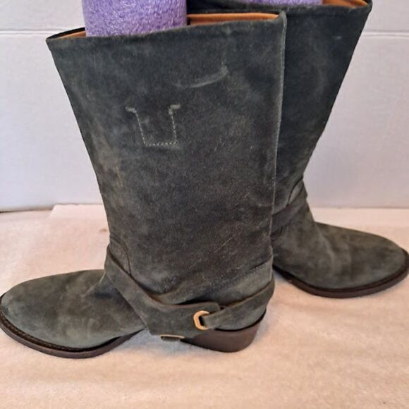 Ralph Lauren Collection Harness Boots Italy Green Suede 1.5" Cowgirl Heel Buckle - Picture 6 of 15